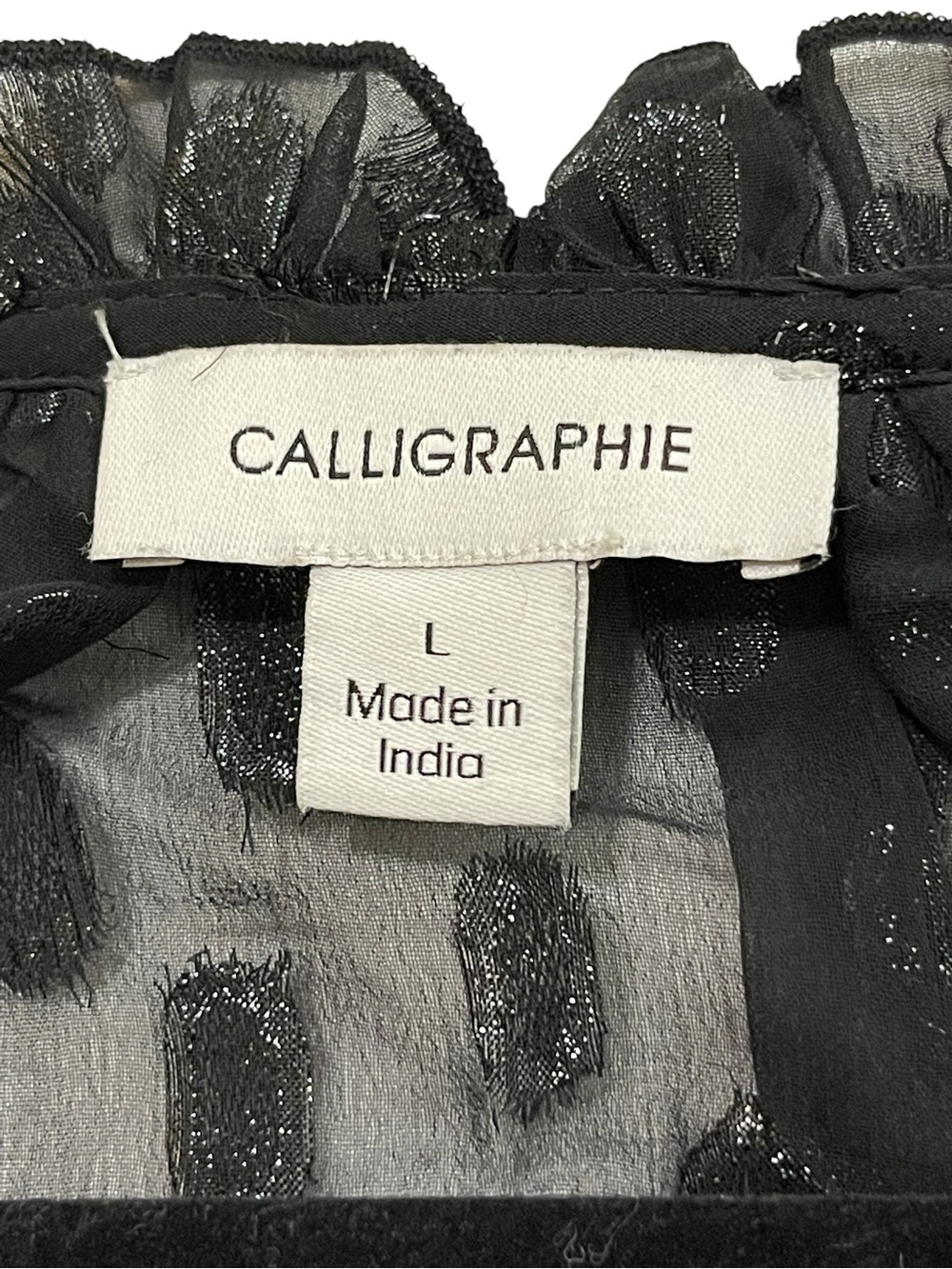Calligraphe Anthro Black Metallic Sheer Tie Neck Blouse L - Picture 7 of 8